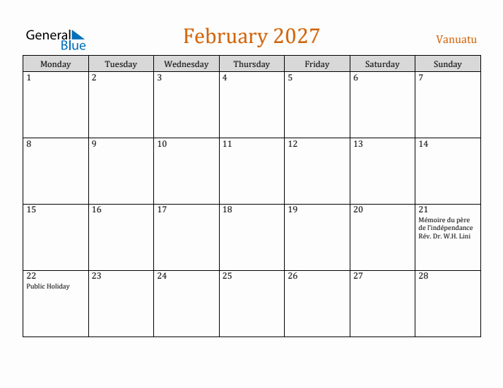February 2027 Holiday Calendar with Monday Start