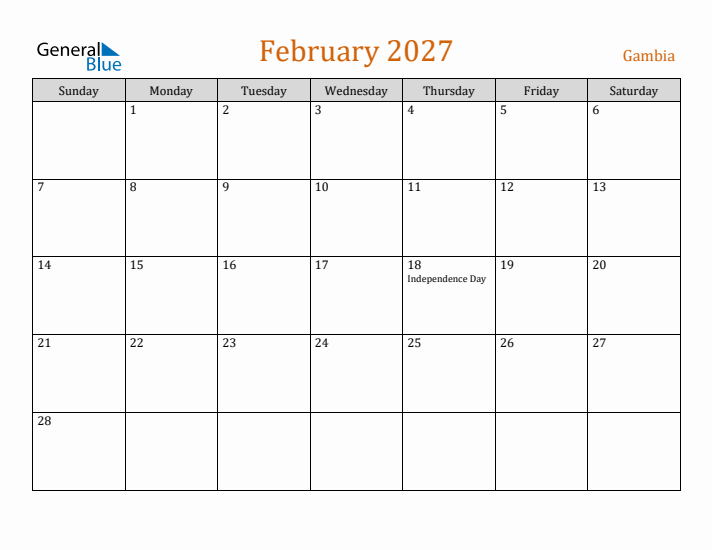 February 2027 Holiday Calendar with Sunday Start