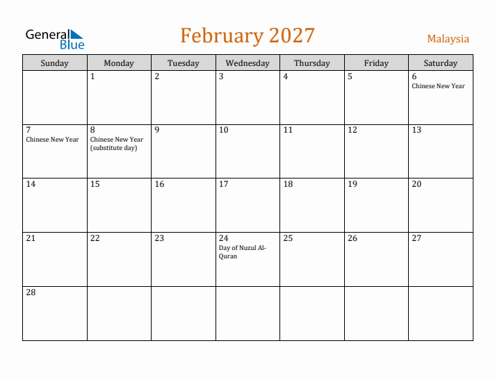 February 2027 Holiday Calendar with Sunday Start
