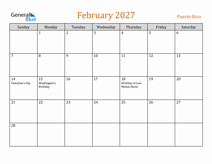February 2027 Holiday Calendar with Sunday Start