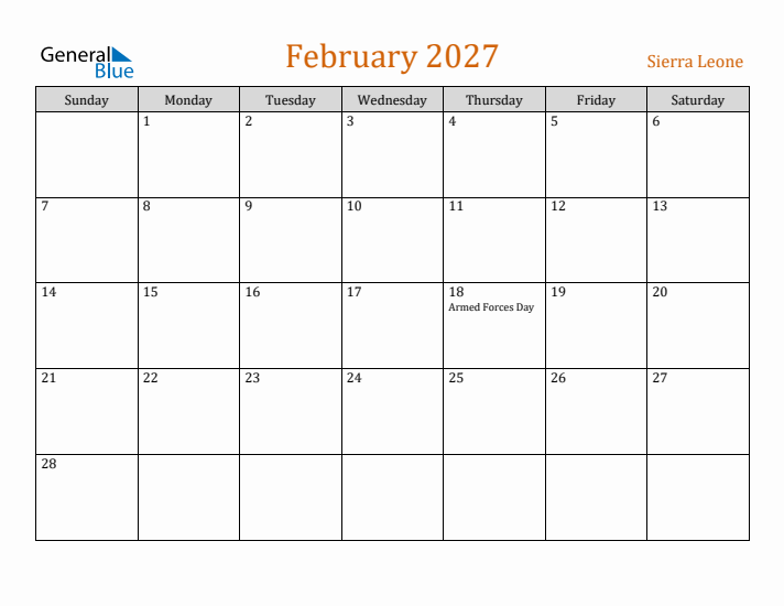 February 2027 Holiday Calendar with Sunday Start