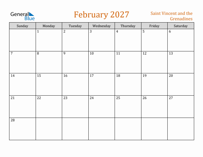 February 2027 Holiday Calendar with Sunday Start