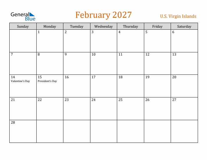 February 2027 Holiday Calendar with Sunday Start