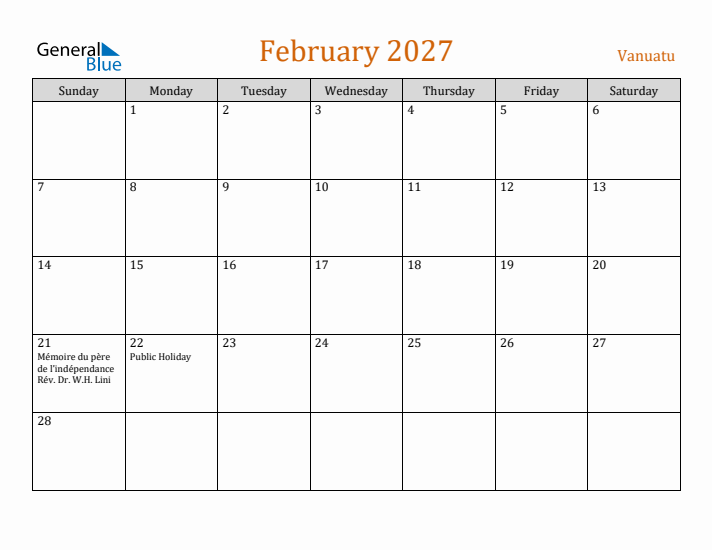 February 2027 Holiday Calendar with Sunday Start