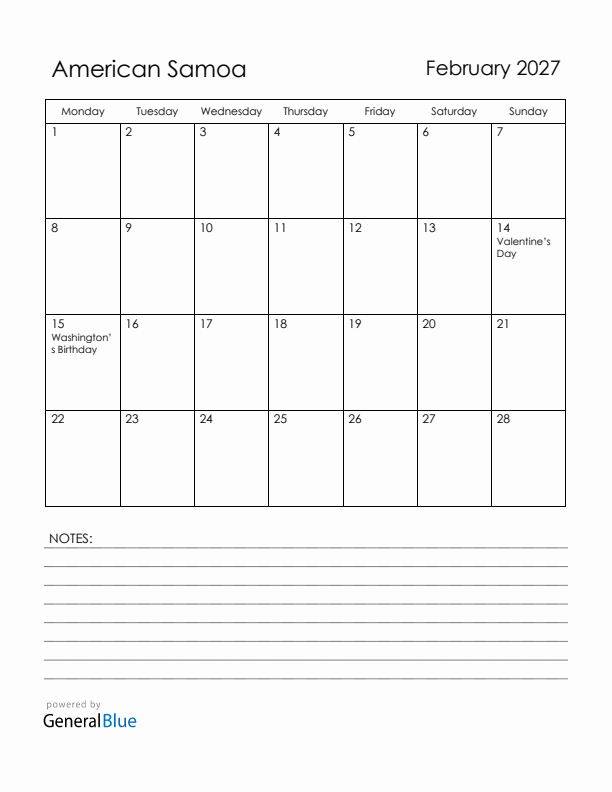 February 2027 American Samoa Calendar with Holidays (Monday Start)
