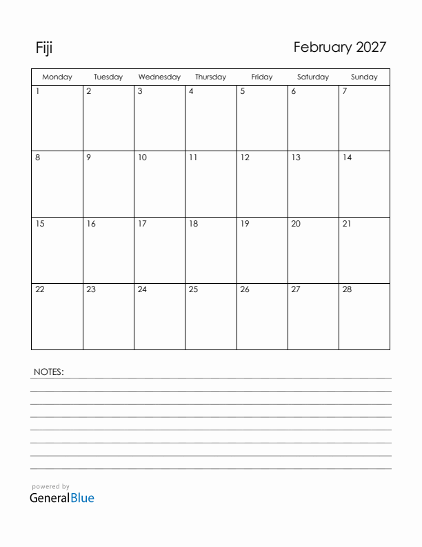 February 2027 Fiji Calendar with Holidays (Monday Start)