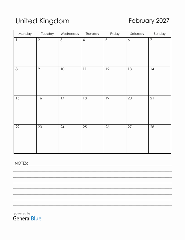 February 2027 United Kingdom Calendar with Holidays (Monday Start)