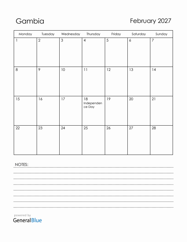 February 2027 Gambia Calendar with Holidays (Monday Start)