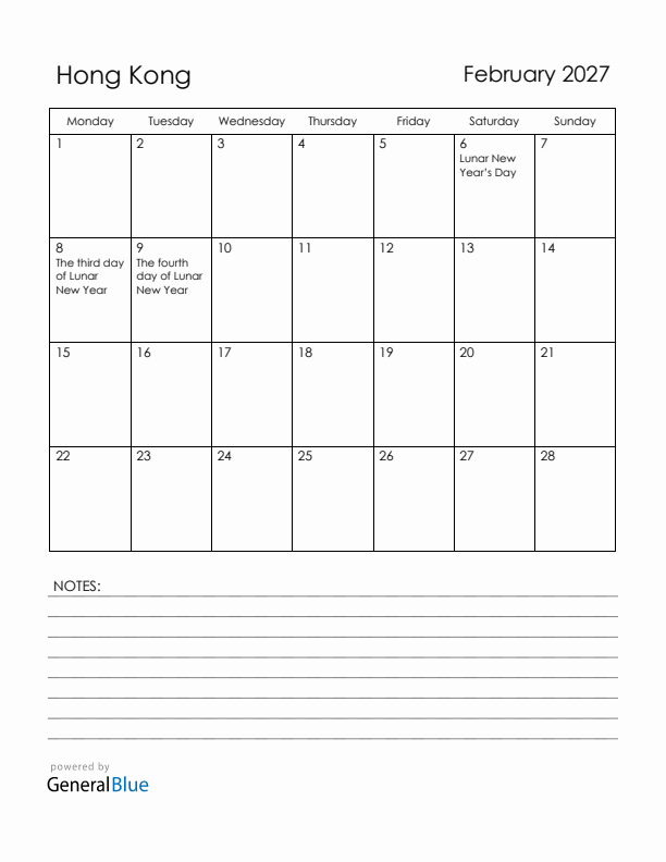 February 2027 Hong Kong Calendar with Holidays (Monday Start)