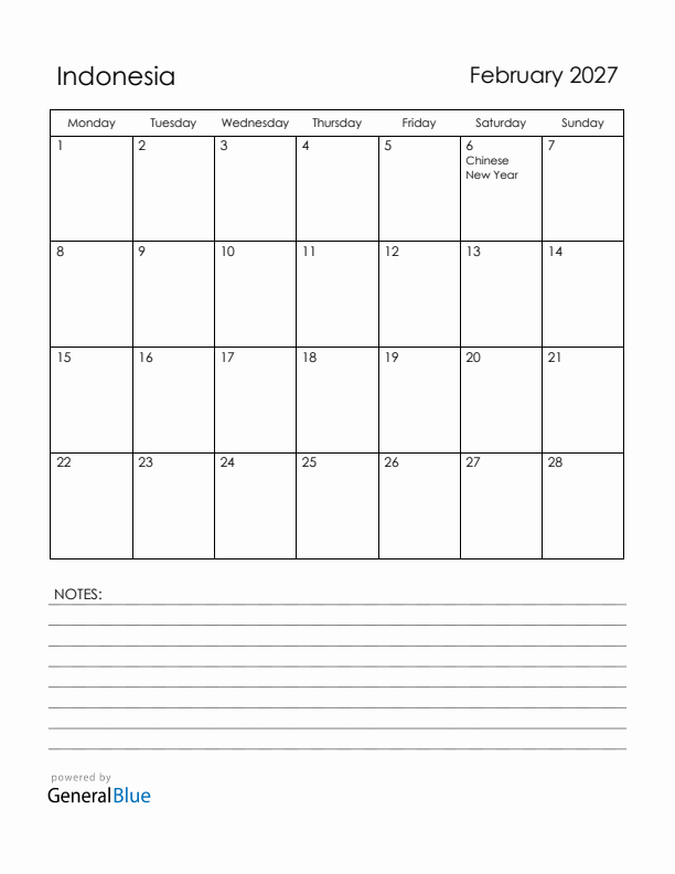 February 2027 Indonesia Calendar with Holidays (Monday Start)