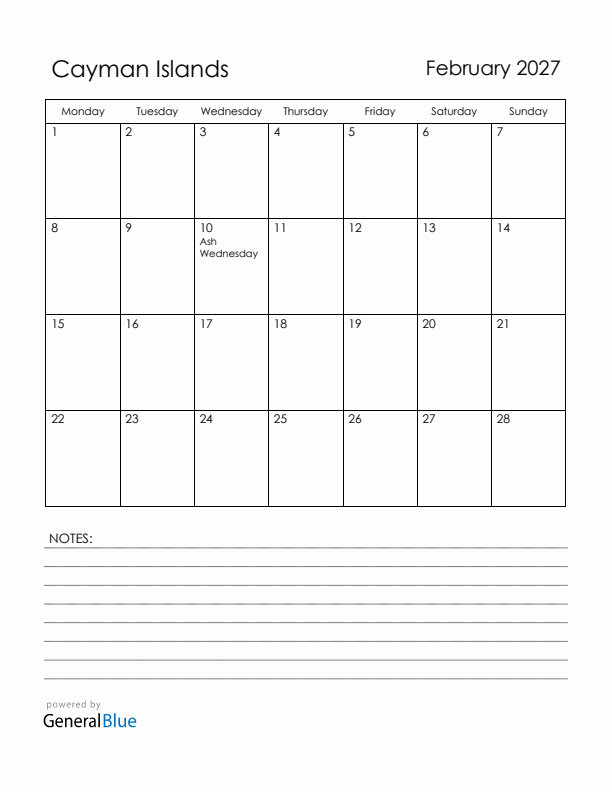 February 2027 Cayman Islands Calendar with Holidays (Monday Start)