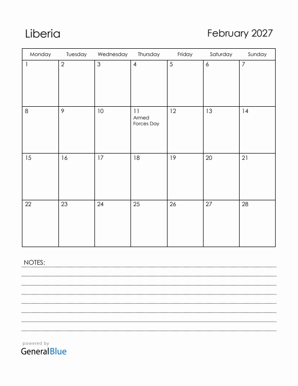 February 2027 Liberia Calendar with Holidays (Monday Start)