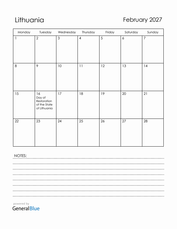 February 2027 Lithuania Calendar with Holidays (Monday Start)
