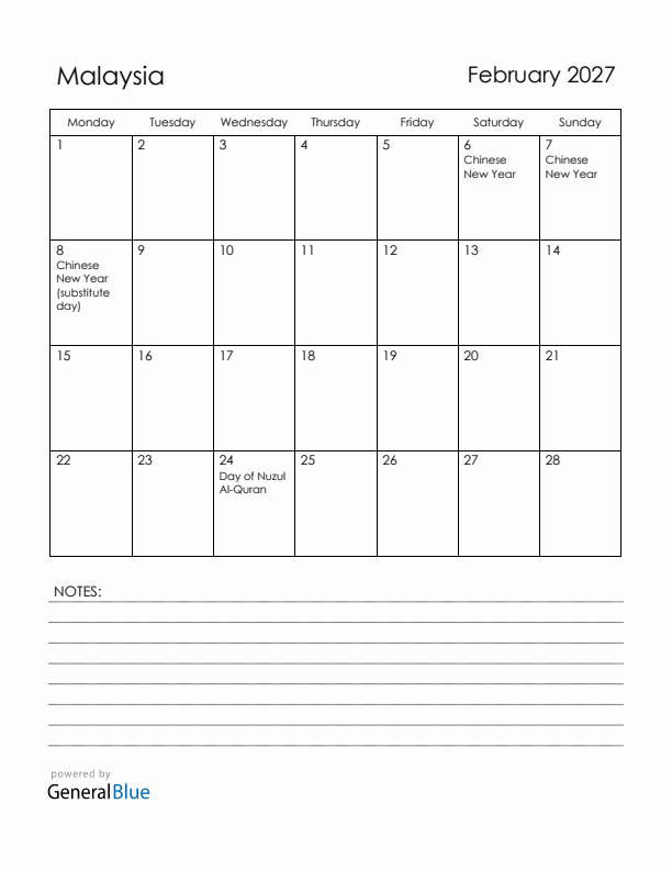 February 2027 Malaysia Calendar with Holidays (Monday Start)