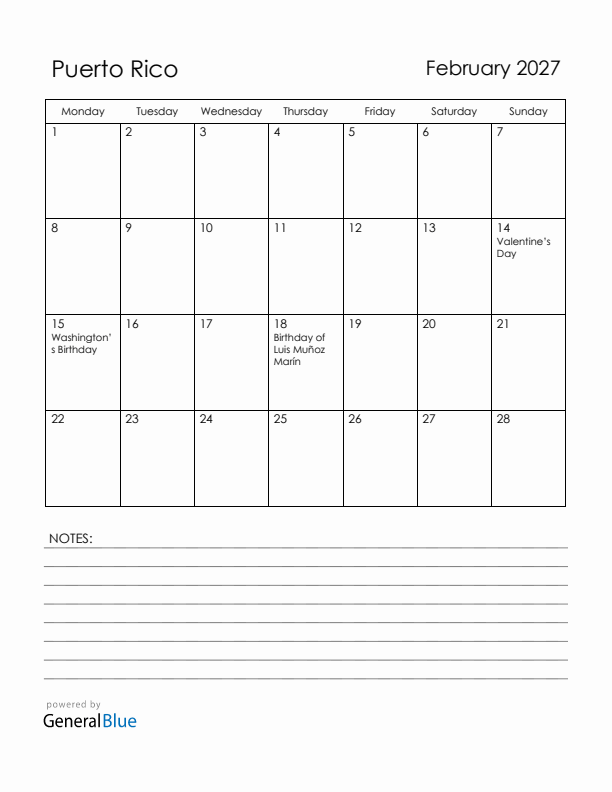 February 2027 Puerto Rico Calendar with Holidays (Monday Start)