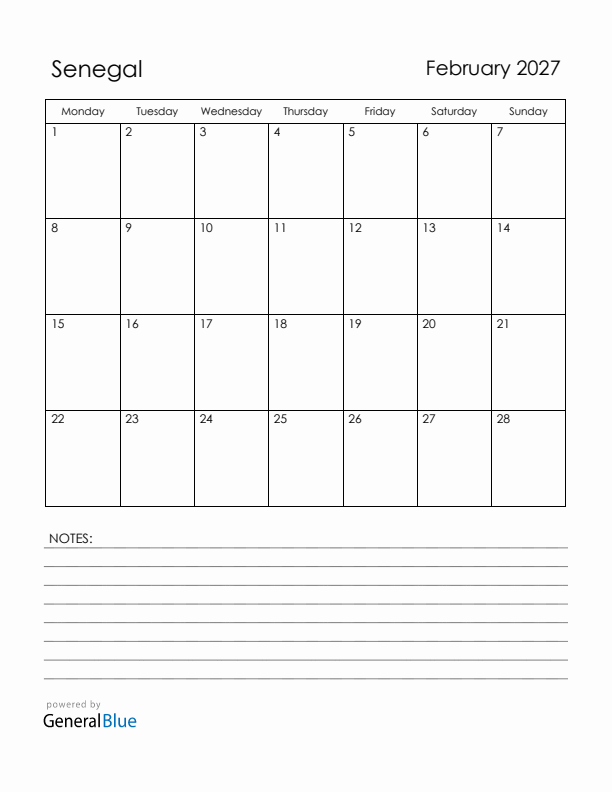 February 2027 Senegal Calendar with Holidays (Monday Start)