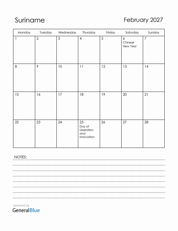February 2027 Suriname Calendar with Holidays (Monday Start)