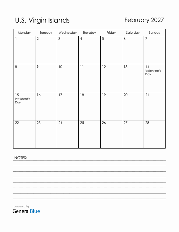 February 2027 U.S. Virgin Islands Calendar with Holidays (Monday Start)