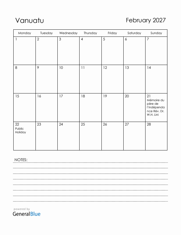 February 2027 Vanuatu Calendar with Holidays (Monday Start)