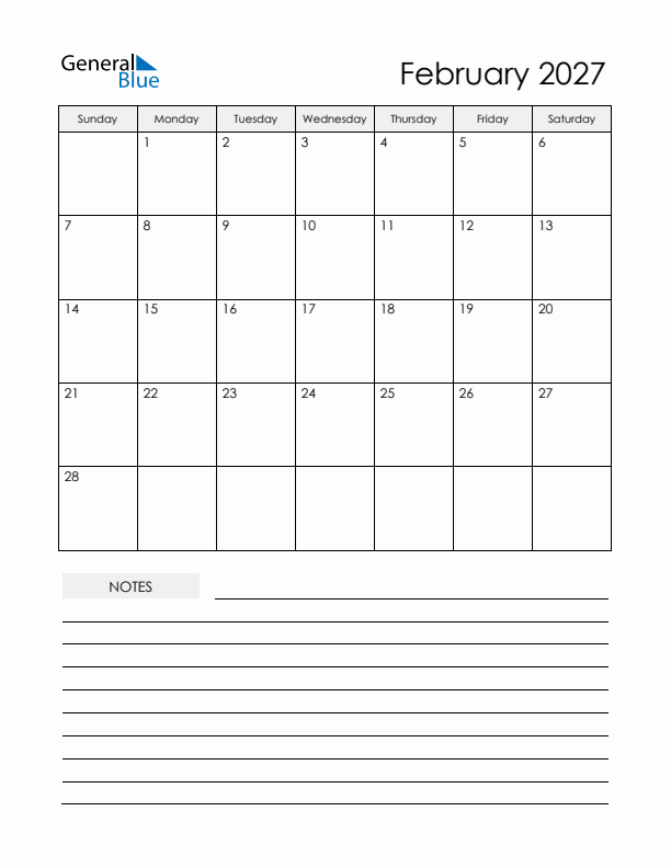 Printable Calendar with Notes - February 2027