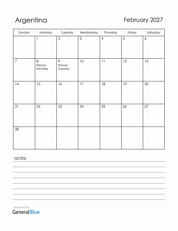 February 2027 Argentina Calendar with Holidays (Sunday Start)
