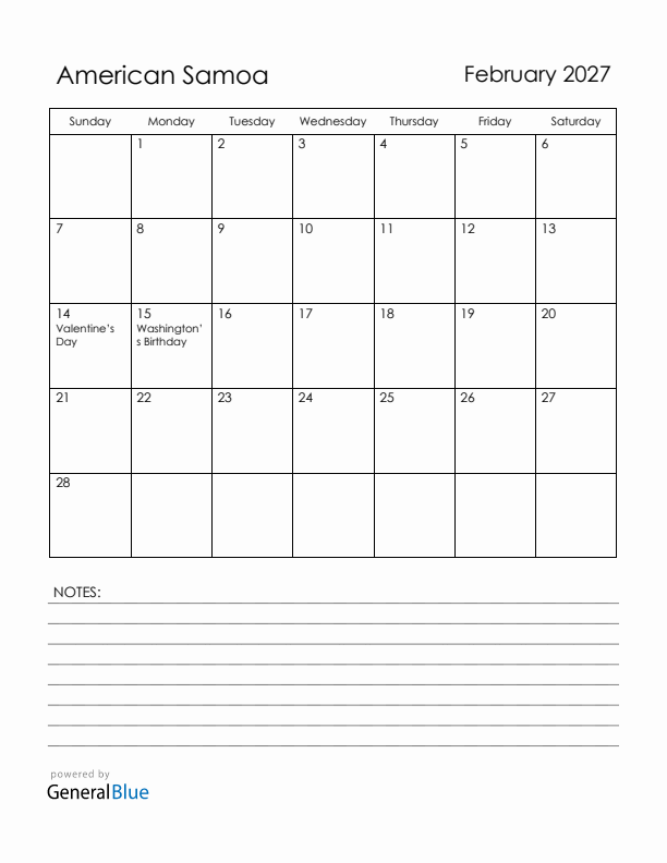 February 2027 American Samoa Calendar with Holidays (Sunday Start)