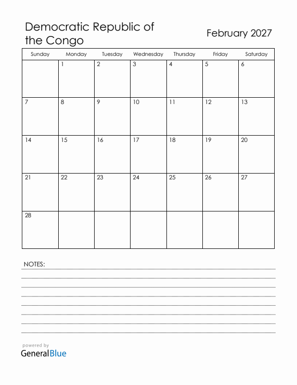 February 2027 Democratic Republic of the Congo Calendar with Holidays (Sunday Start)