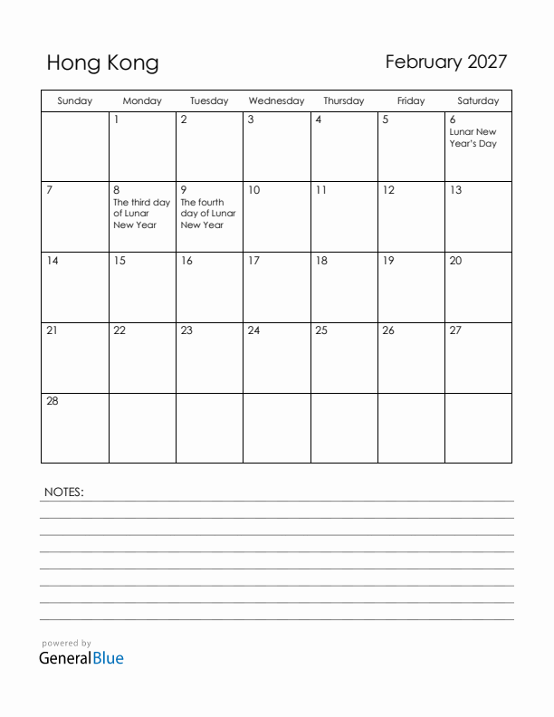 February 2027 Hong Kong Calendar with Holidays (Sunday Start)