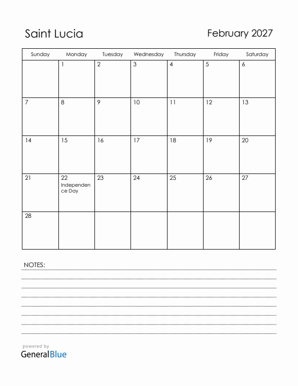 February 2027 Saint Lucia Calendar with Holidays (Sunday Start)