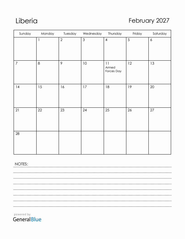 February 2027 Liberia Calendar with Holidays (Sunday Start)