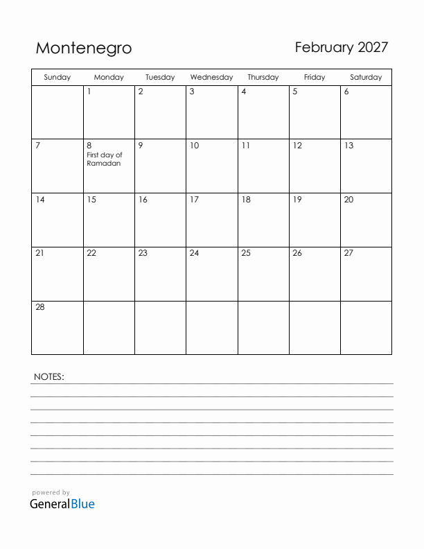 February 2027 Montenegro Calendar with Holidays (Sunday Start)