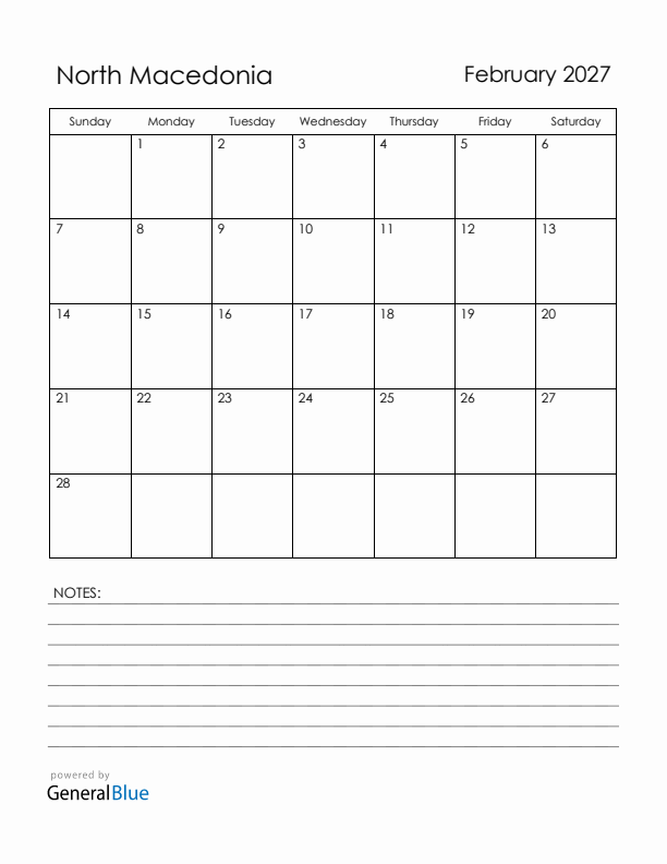 February 2027 North Macedonia Calendar with Holidays (Sunday Start)