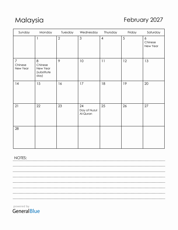 February 2027 Malaysia Calendar with Holidays (Sunday Start)
