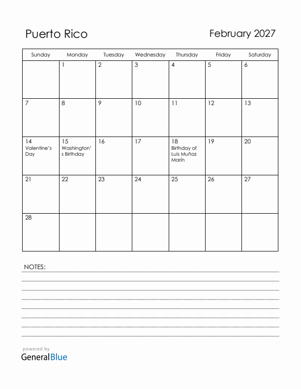 February 2027 Puerto Rico Calendar with Holidays (Sunday Start)