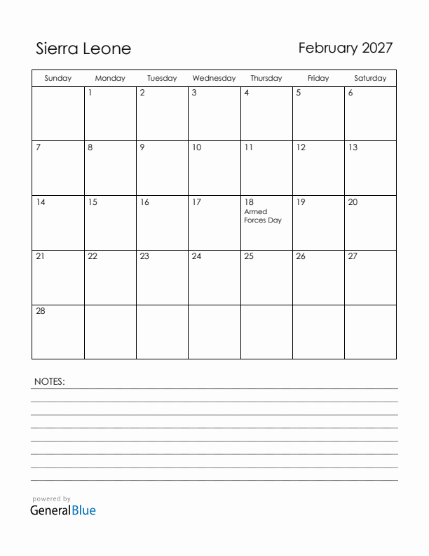 February 2027 Sierra Leone Calendar with Holidays (Sunday Start)