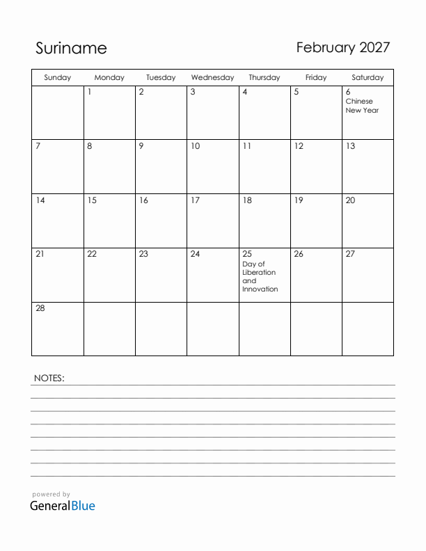 February 2027 Suriname Calendar with Holidays (Sunday Start)