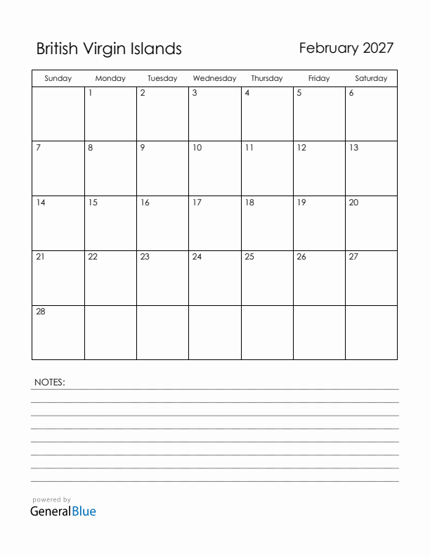 February 2027 British Virgin Islands Calendar with Holidays (Sunday Start)