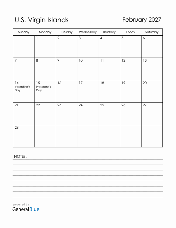 February 2027 U.S. Virgin Islands Calendar with Holidays (Sunday Start)