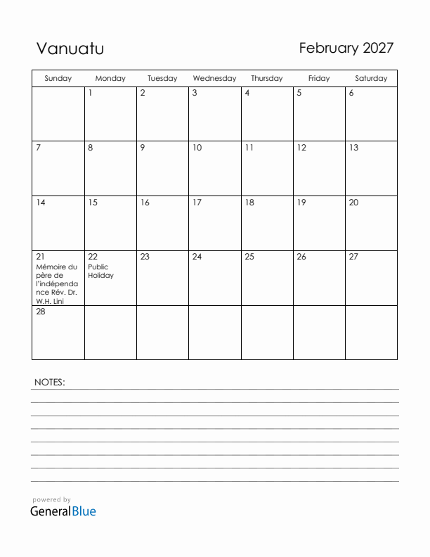 February 2027 Vanuatu Calendar with Holidays (Sunday Start)