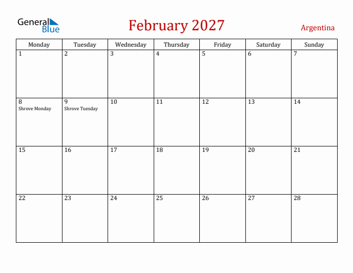 Argentina February 2027 Calendar - Monday Start
