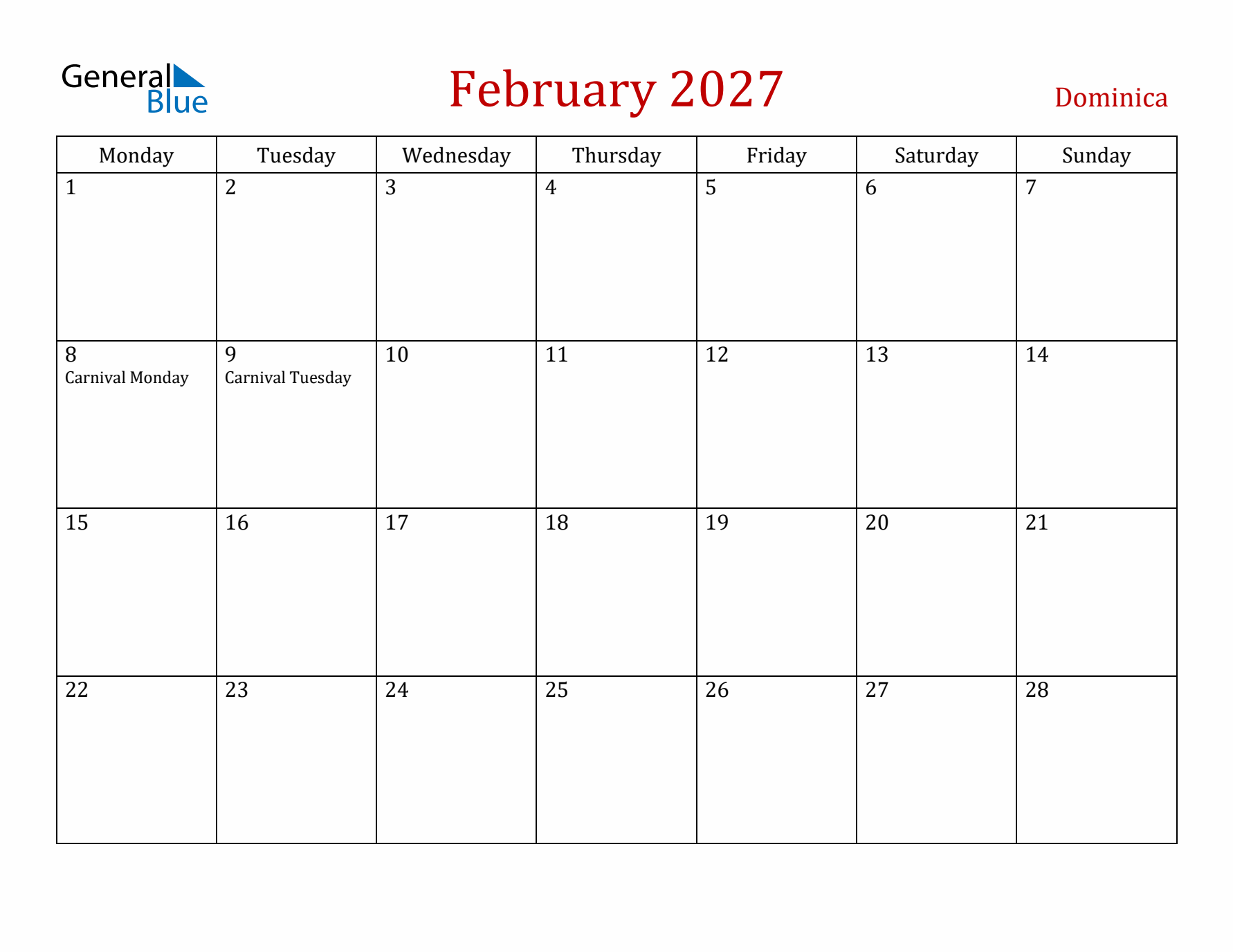 Dominica February 2027 Calendar - Monday Start