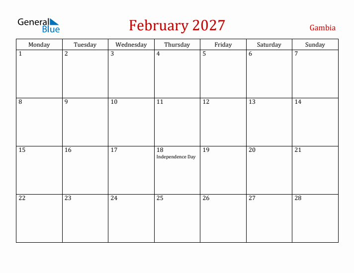 Gambia February 2027 Calendar - Monday Start