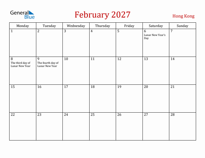 Hong Kong February 2027 Calendar - Monday Start