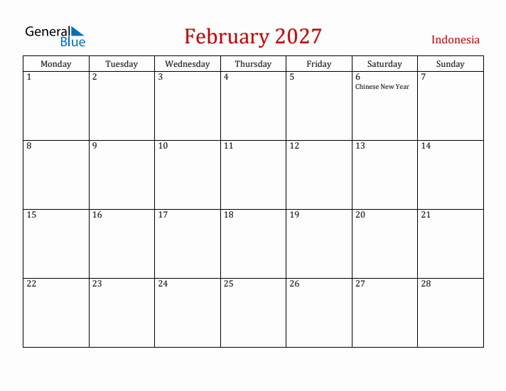 Indonesia February 2027 Calendar - Monday Start