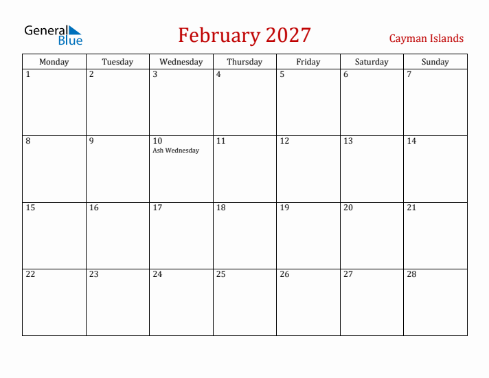 Cayman Islands February 2027 Calendar - Monday Start
