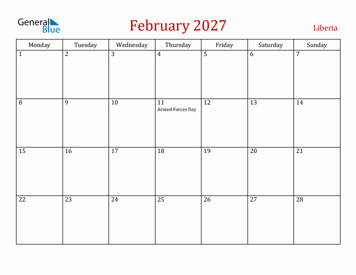 Liberia February 2027 Calendar - Monday Start
