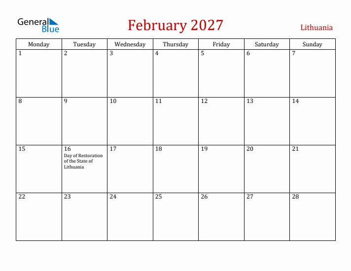 Lithuania February 2027 Calendar - Monday Start