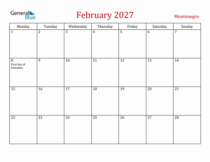 Montenegro February 2027 Calendar - Monday Start