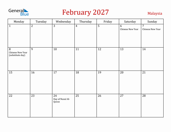 Malaysia February 2027 Calendar - Monday Start