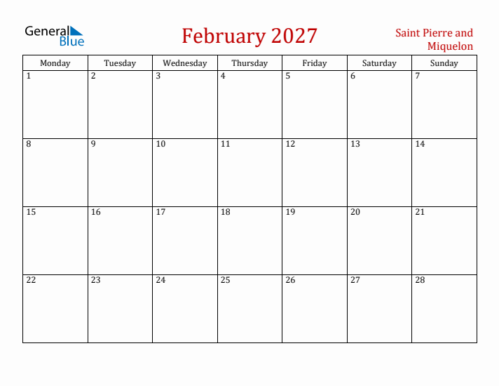 Saint Pierre and Miquelon February 2027 Calendar - Monday Start
